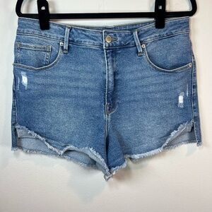 Good American Good Curve High Waisted Jean Shorts Blue Distressed Stretch  Sz 15
